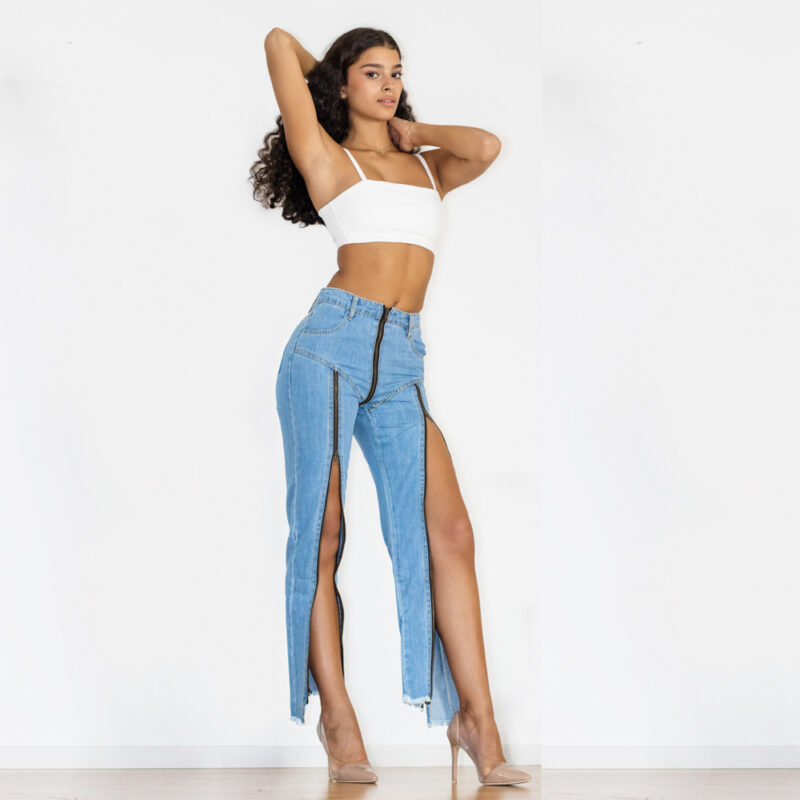 Melody Mid Waist Light Blue Denim Zipper - Image 3